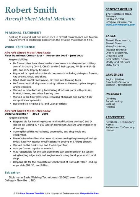 aircraft sheet metal resume|Aircraft Sheet Metal Mechanic Resume .